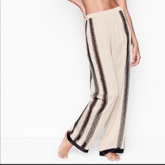 NWT Victoria’s Secret SEXY Beige Satin Pajama Pants w/Lace Stripes Down Sides - Picture 2 of 5